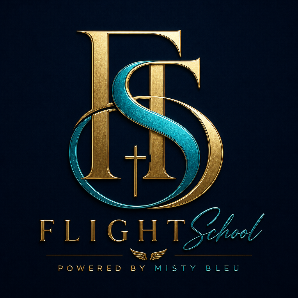 Gold and teal Flight School emblem with wings, powered by Misty Bleu.