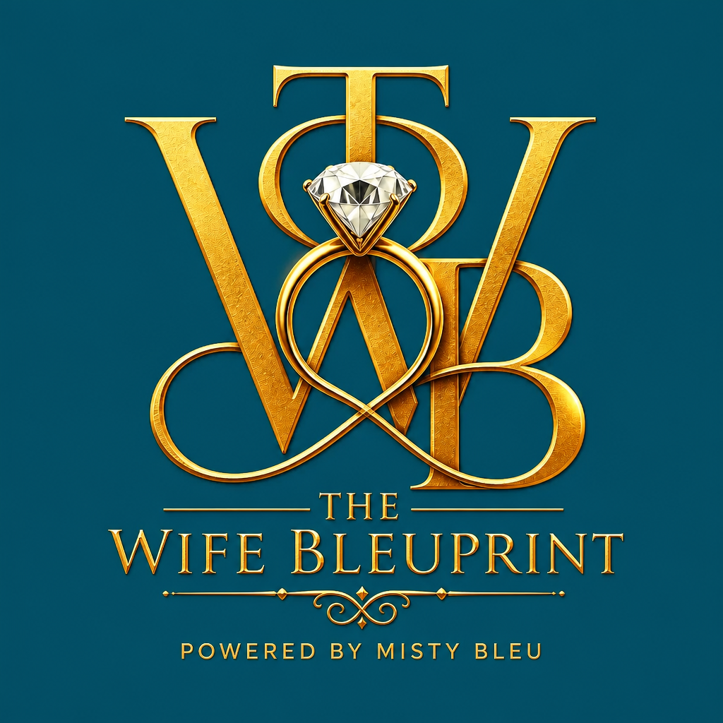 The Wife BleuPrint by Misty Bleu — gold monogram with a diamond ring on teal, powered by Misty Bleu.